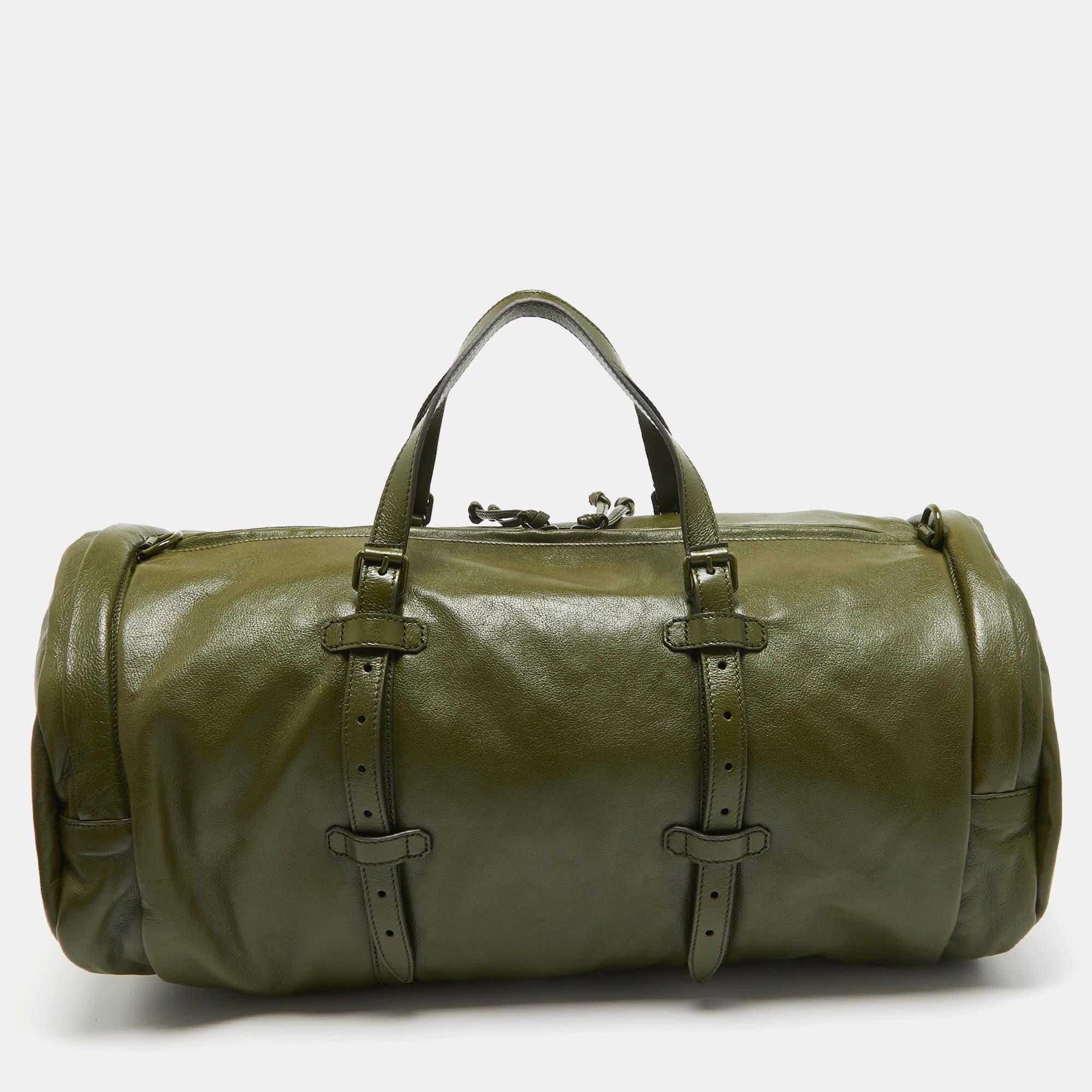 Gucci Green Leather Large Tonal Double G Duffle Bag 7
