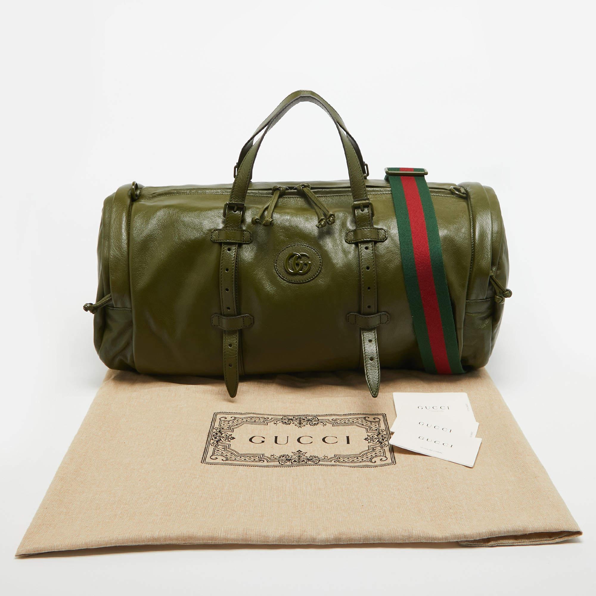 Gucci Green Leather Large Tonal Double G Duffle Bag For Sale 8