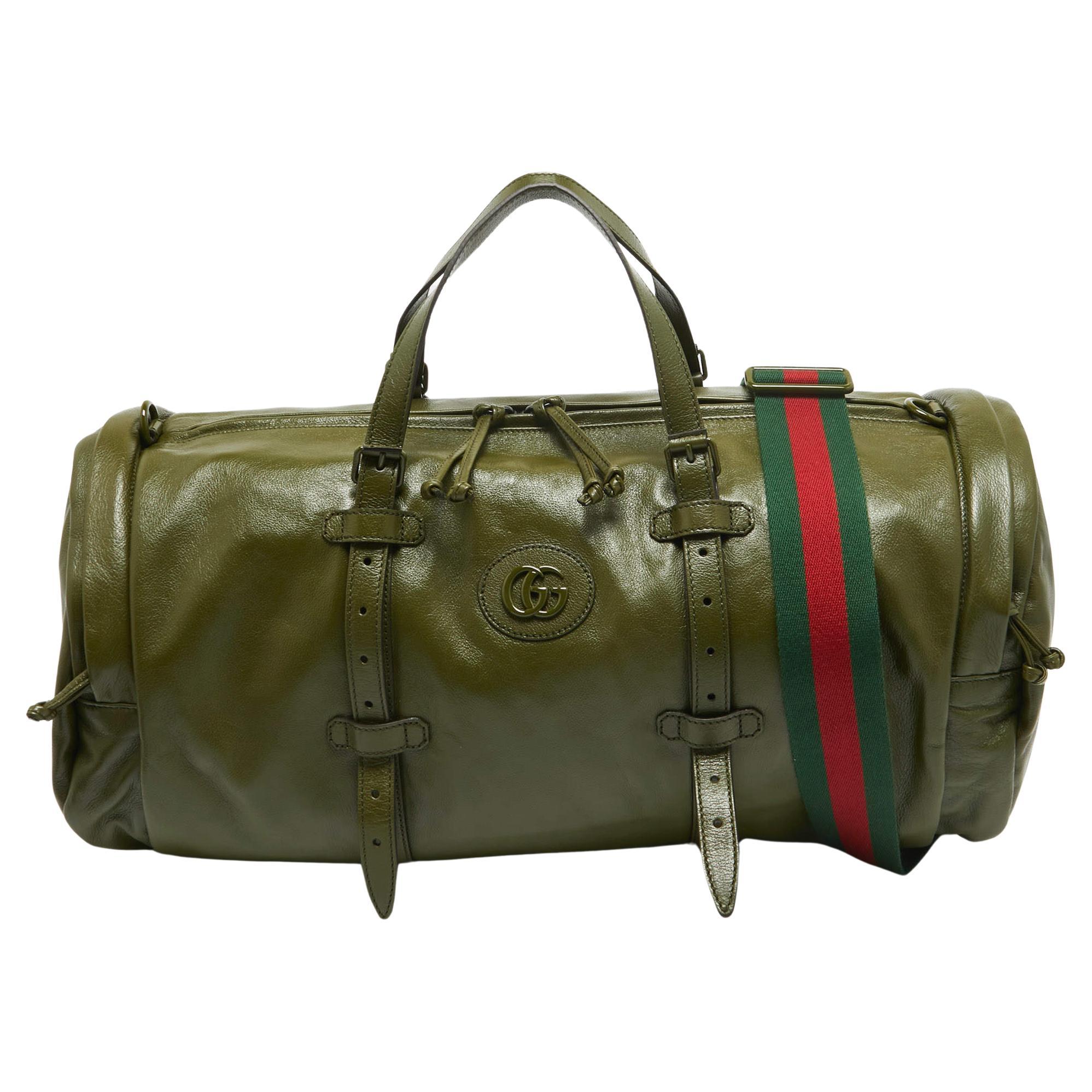 Gucci Green Leather Large Tonal Double G Duffle Bag For Sale