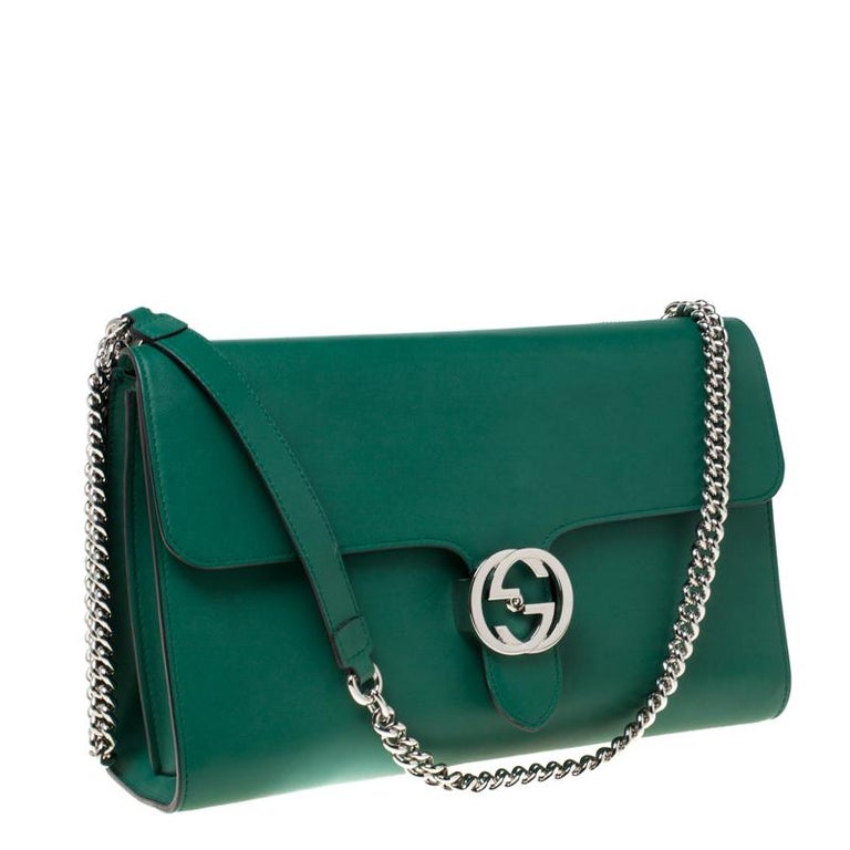 Gucci Green Leather Medium Interlocking GG Shoulder Bag For Sale at 1stdibs