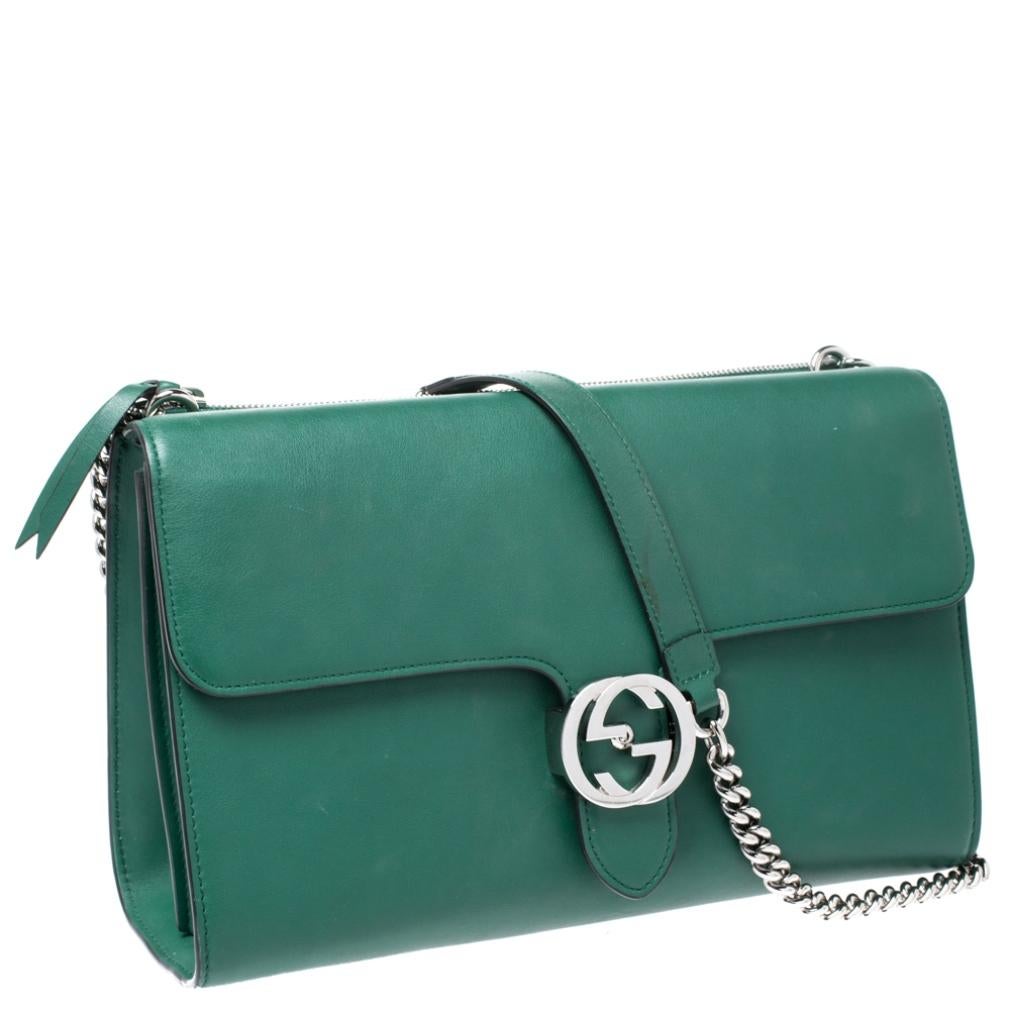 Gucci Green Leather Medium Interlocking GG Shoulder Bag In Good Condition In Dubai, Al Qouz 2