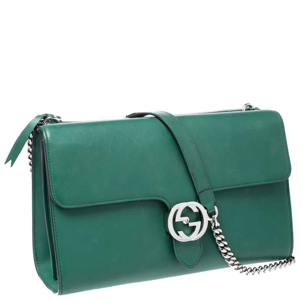 Women's Gucci Green Leather Medium Interlocking GG Shoulder Bag