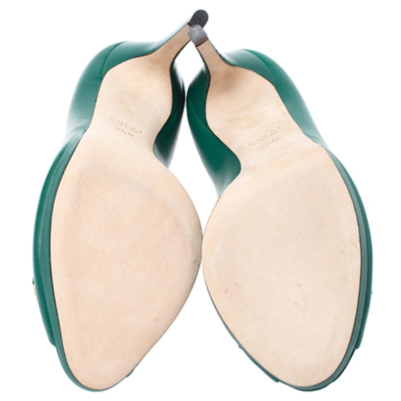 Gucci Green Leather New Hollywood Horsebit Peep Toe Pumps Size 35.5 2