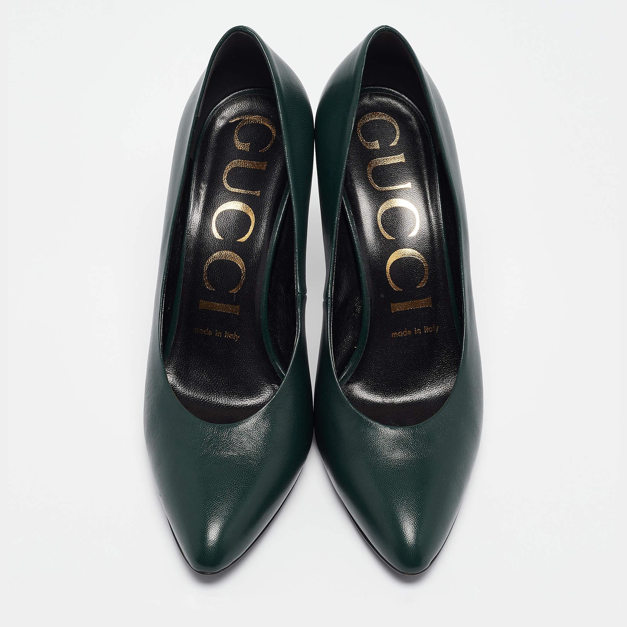 Black Gucci Green Leather Pointed Toe Pumps Size 37.5