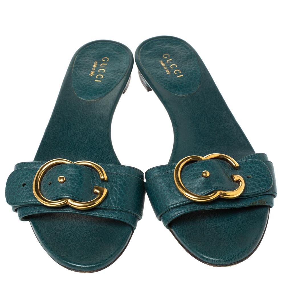 Black Gucci Green Leather Sachalin Buckle Detail Flat Slides Size 35.5
