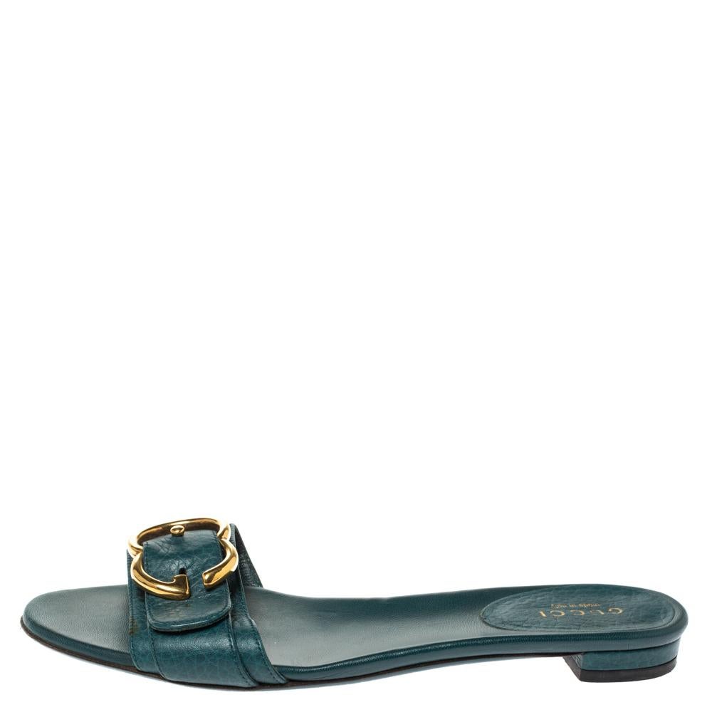 Gucci Green Leather Sachalin Buckle Detail Flat Slides Size 35.5 1