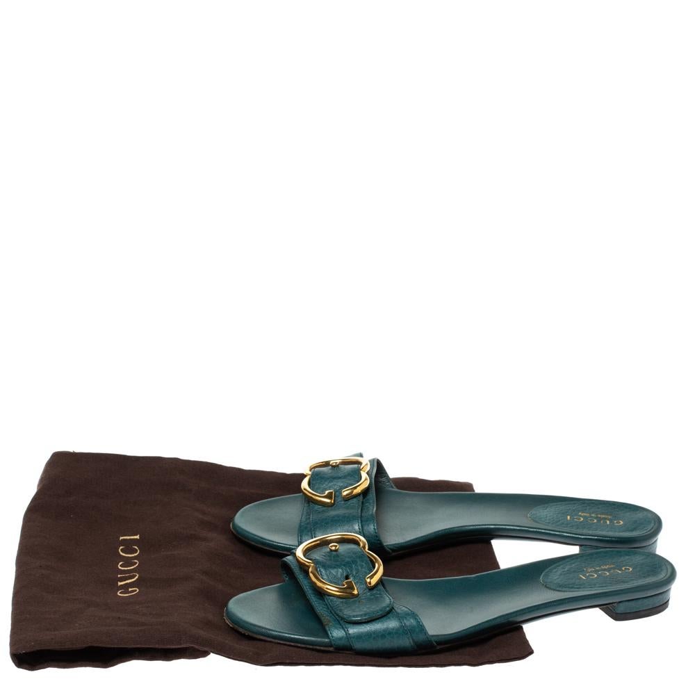 Gucci Green Leather Sachalin Buckle Detail Flat Slides Size 35.5 3