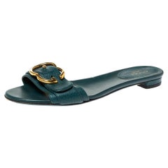 Gucci Green Leather Sachalin Buckle Detail Flat Slides Size 35.5