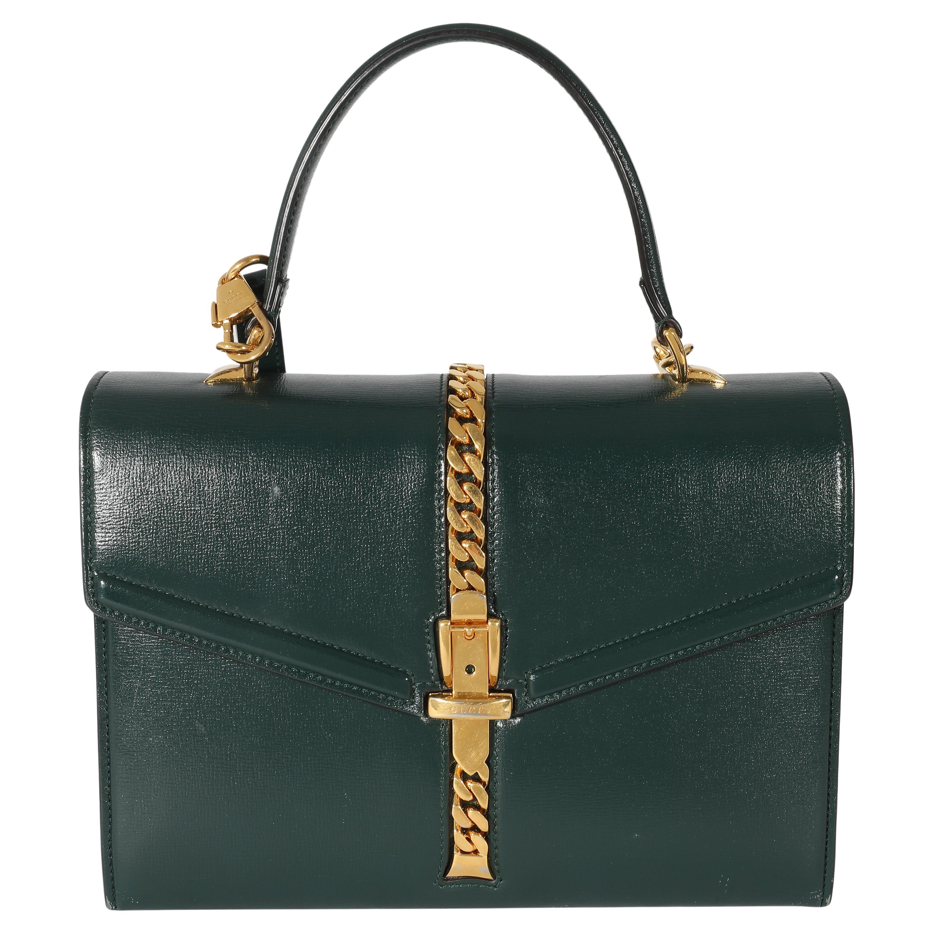 Gucci Green Leather Small 1969 Sylvie Top Handle Bag For Sale