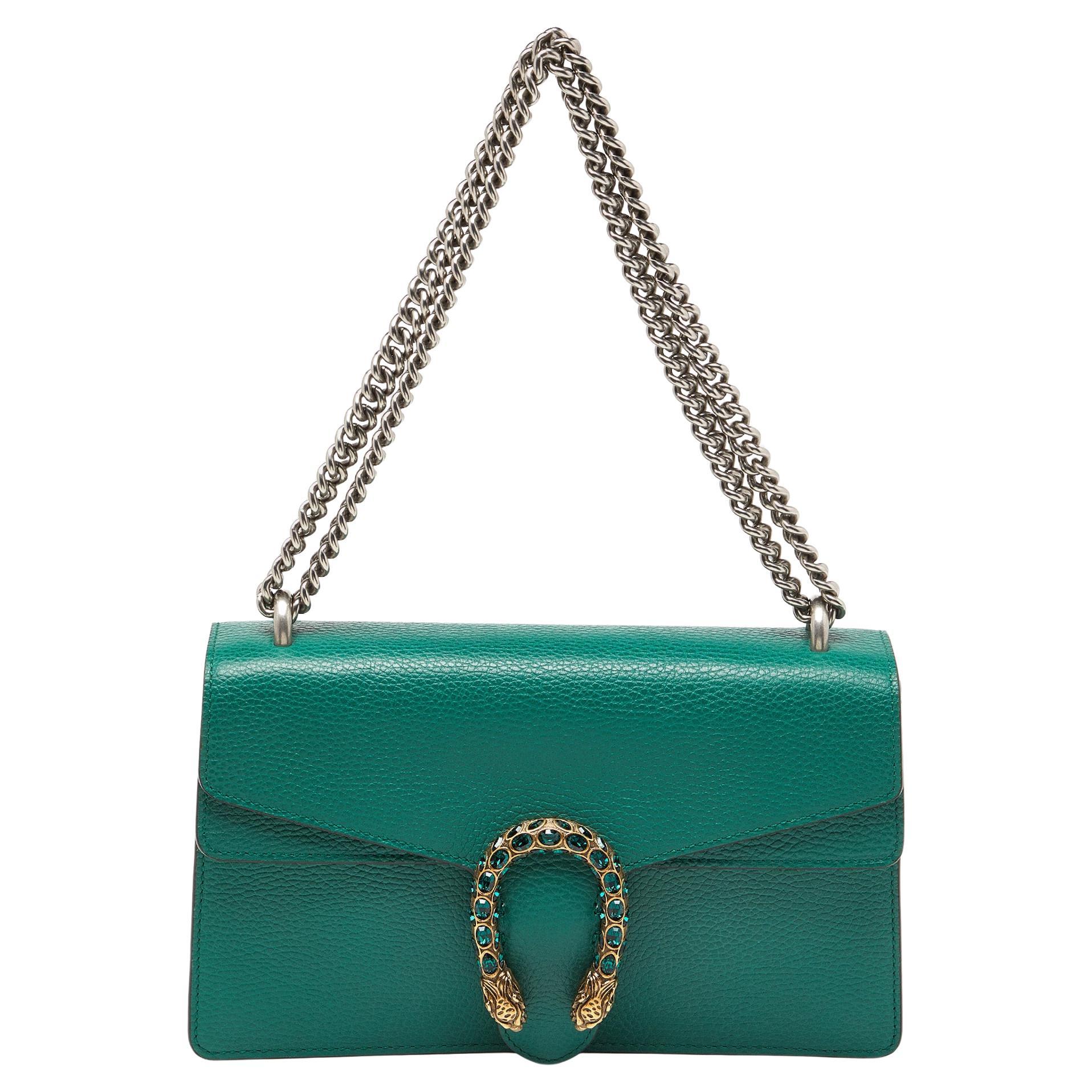 Gucci Green Leather Small Dionysus Crystals Shoulder Bag For Sale