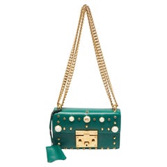 Gucci Green Leather Small Pearl Studded Padlock Shoulder Bag
