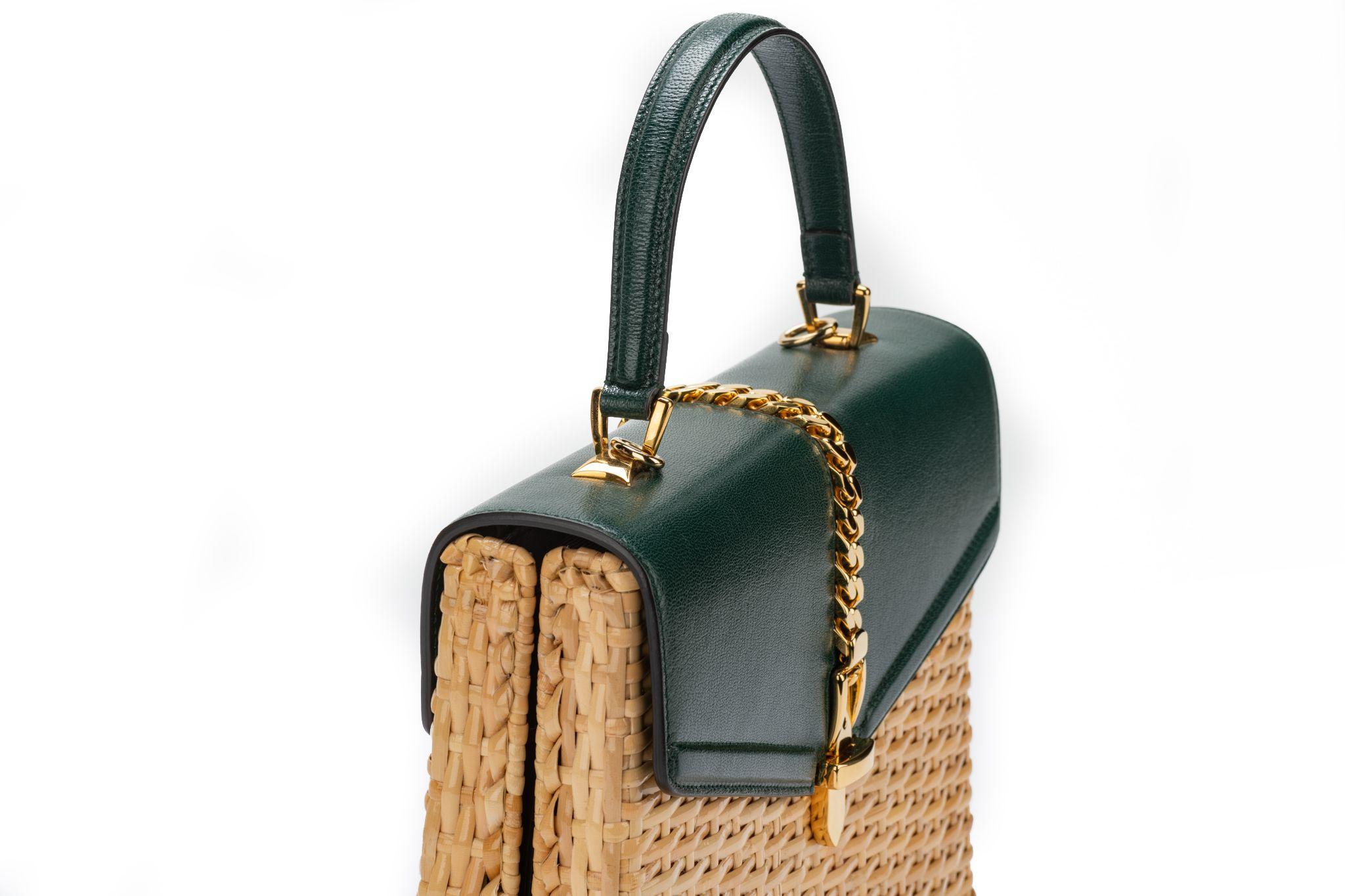 Gucci Green Leather Wicker Bag New For Sale 5