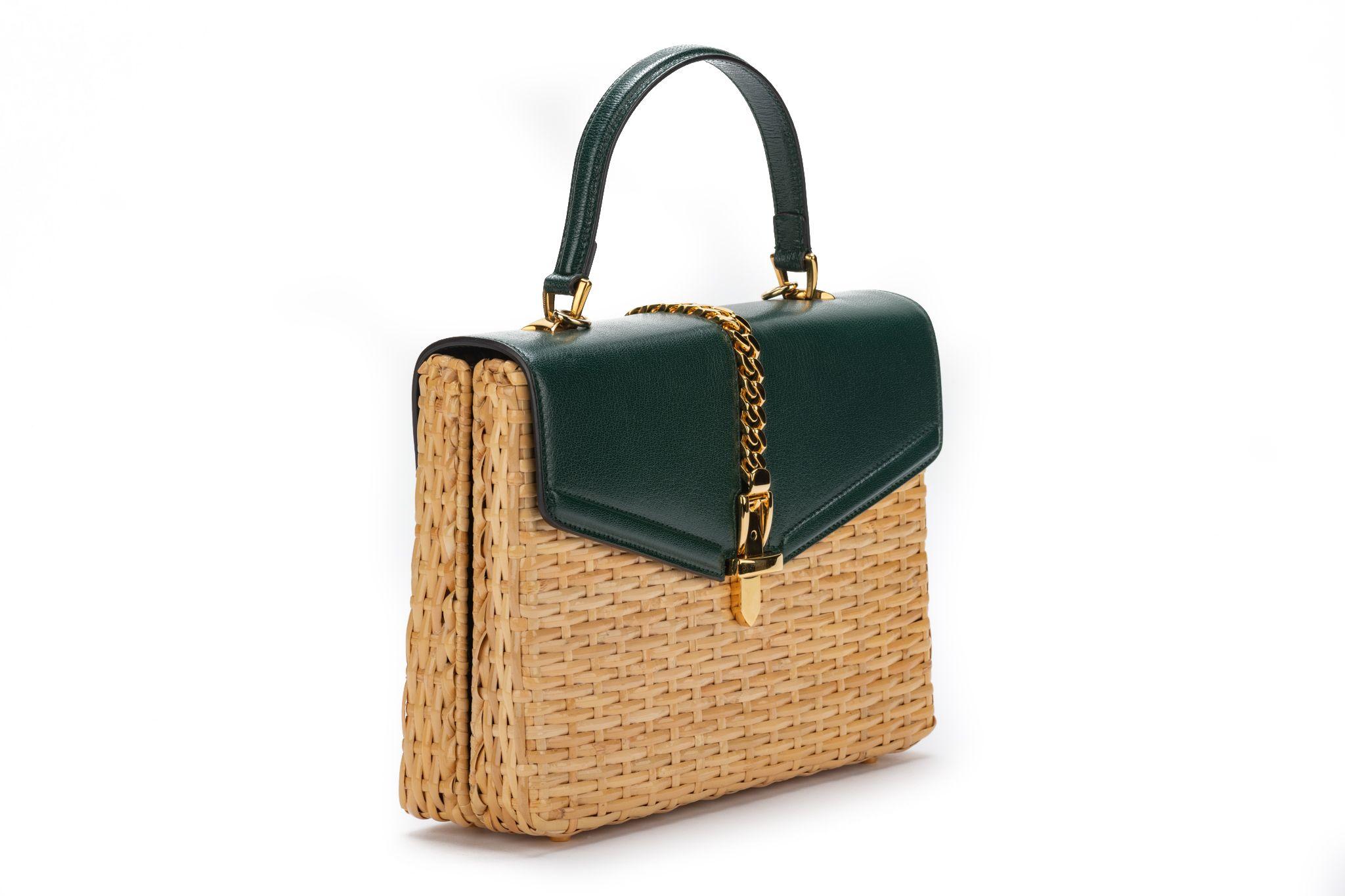 Gucci Green Leather Wicker Sylvie Shoulder Bag. Shoulder strap detachable and adjustable measures 21”, handle 4”. It's brand new and comes with booklets and original dustcover.
