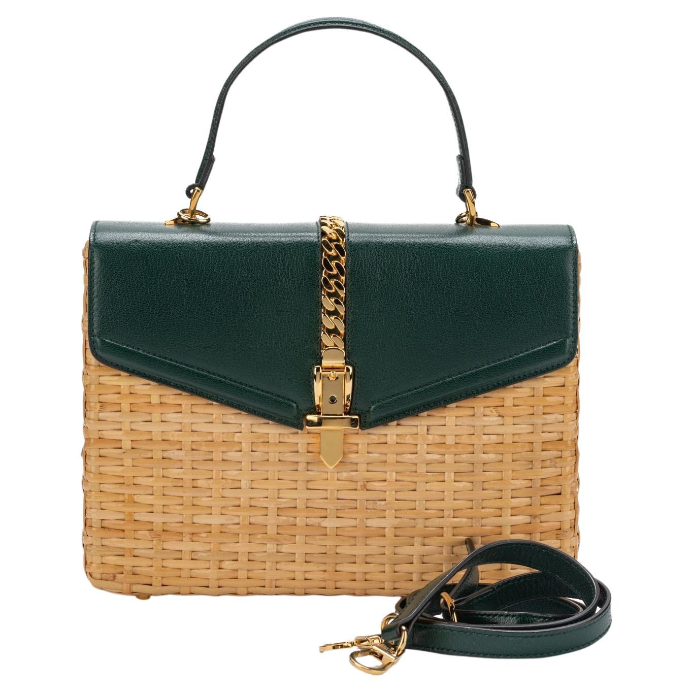 Gucci Green Leather Wicker Bag New For Sale