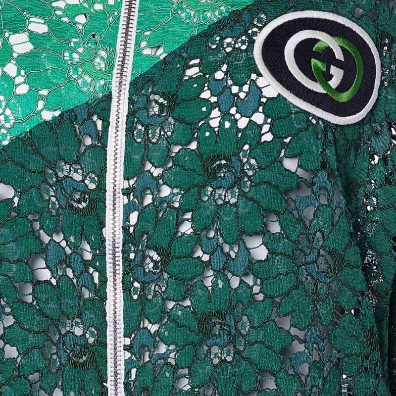Gucci Green Logo Patch Lace Panelled Track Jacket XS In Good Condition For Sale In Dubai, Al Qouz 2