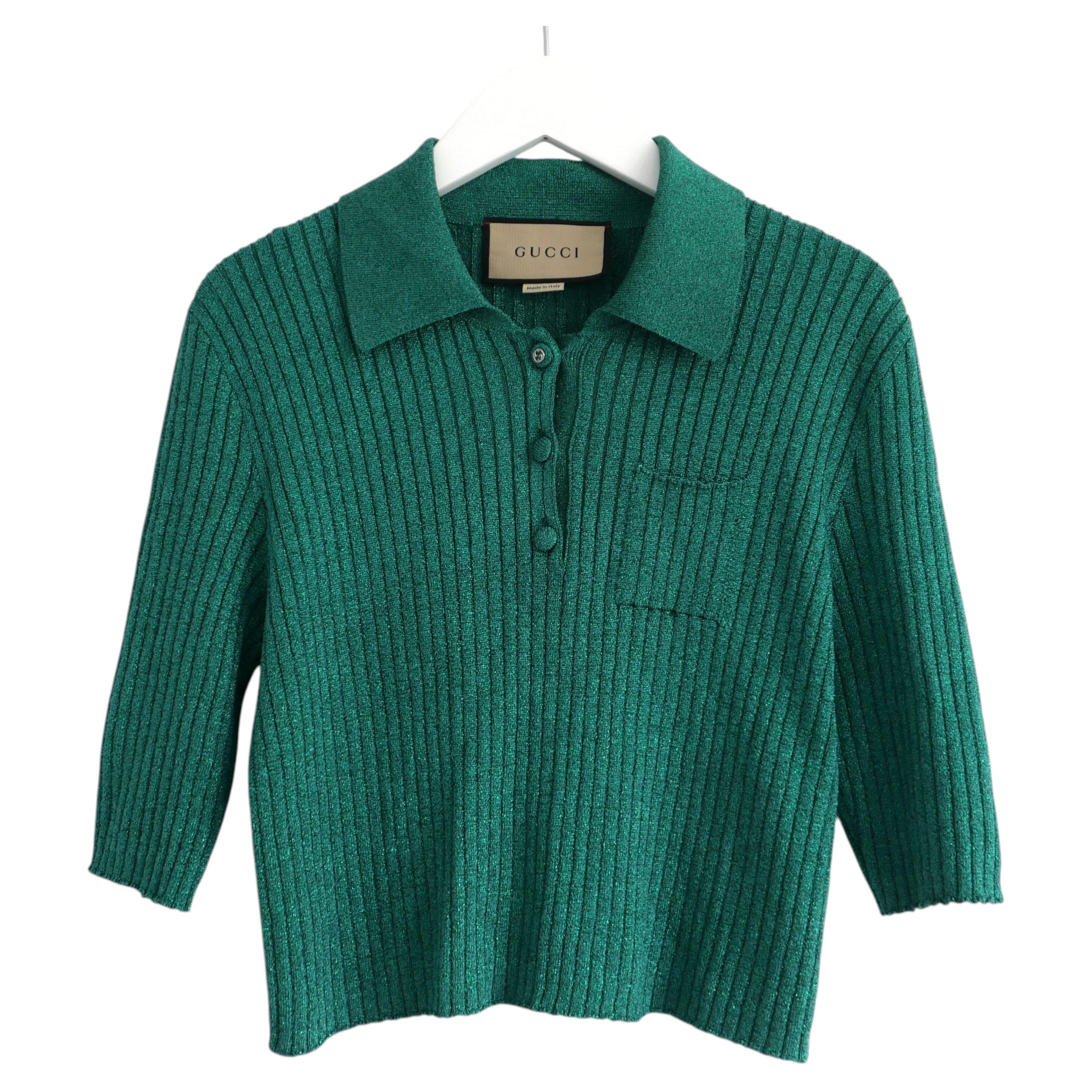 Pre-owned Gucci Women's Green Lurex Cropped Sweater Top With Polo Collar, Size L