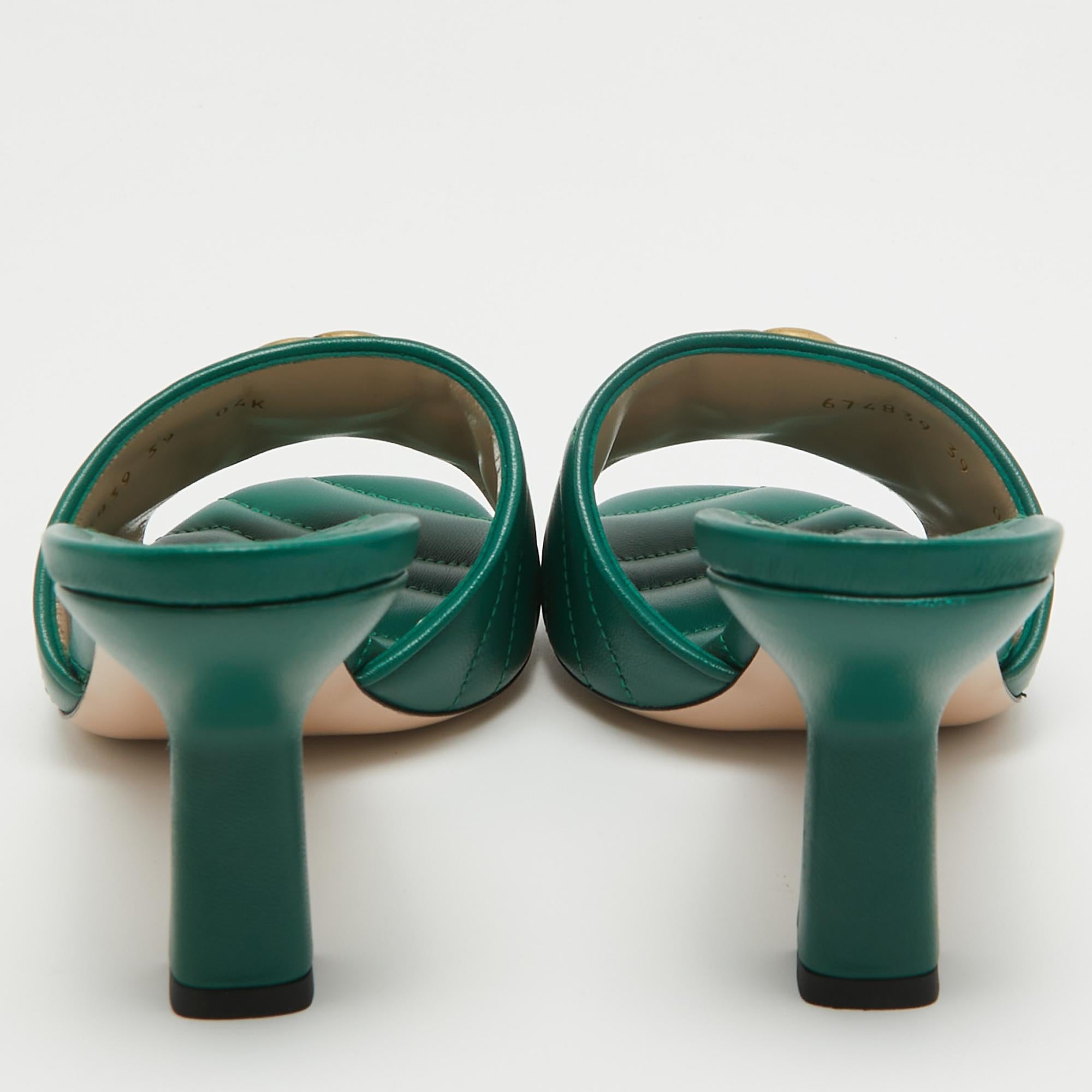 Women's Gucci Green Matelassé Leather Double G Slide Sandals Size 39