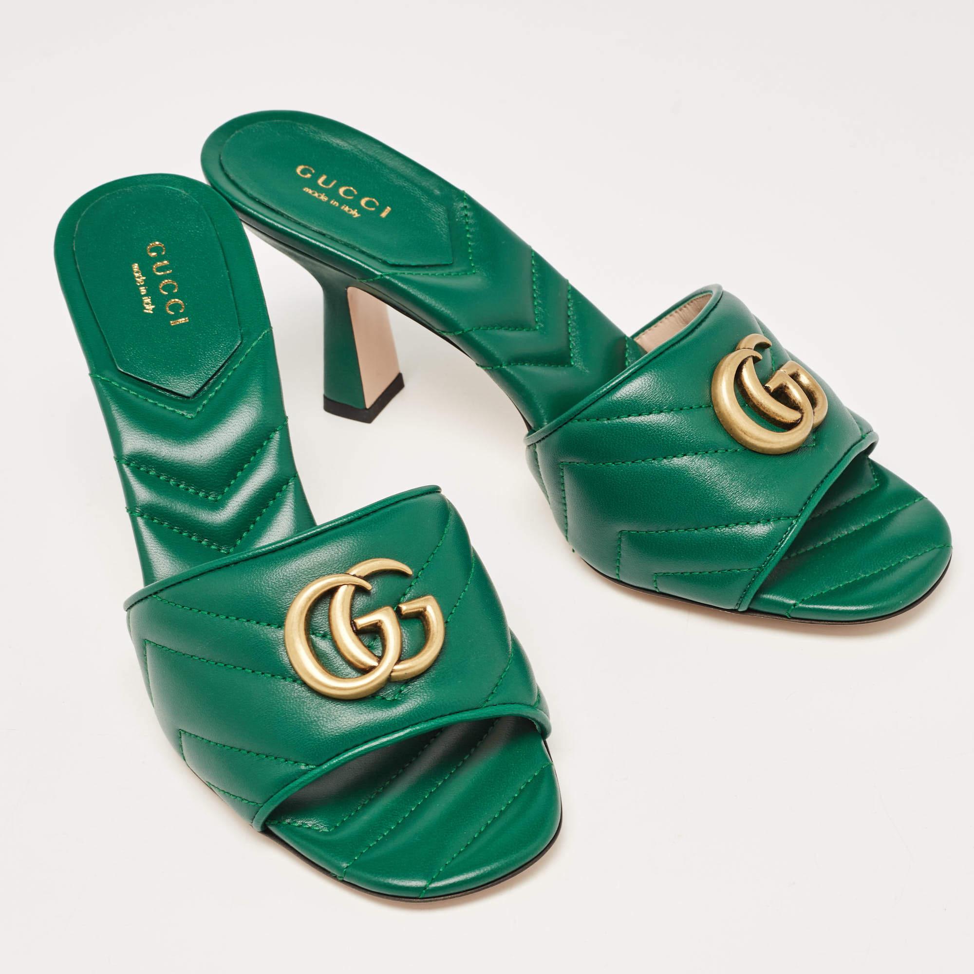 Gucci Green Matelassé Leather Double G Slide Sandals Size 39 3