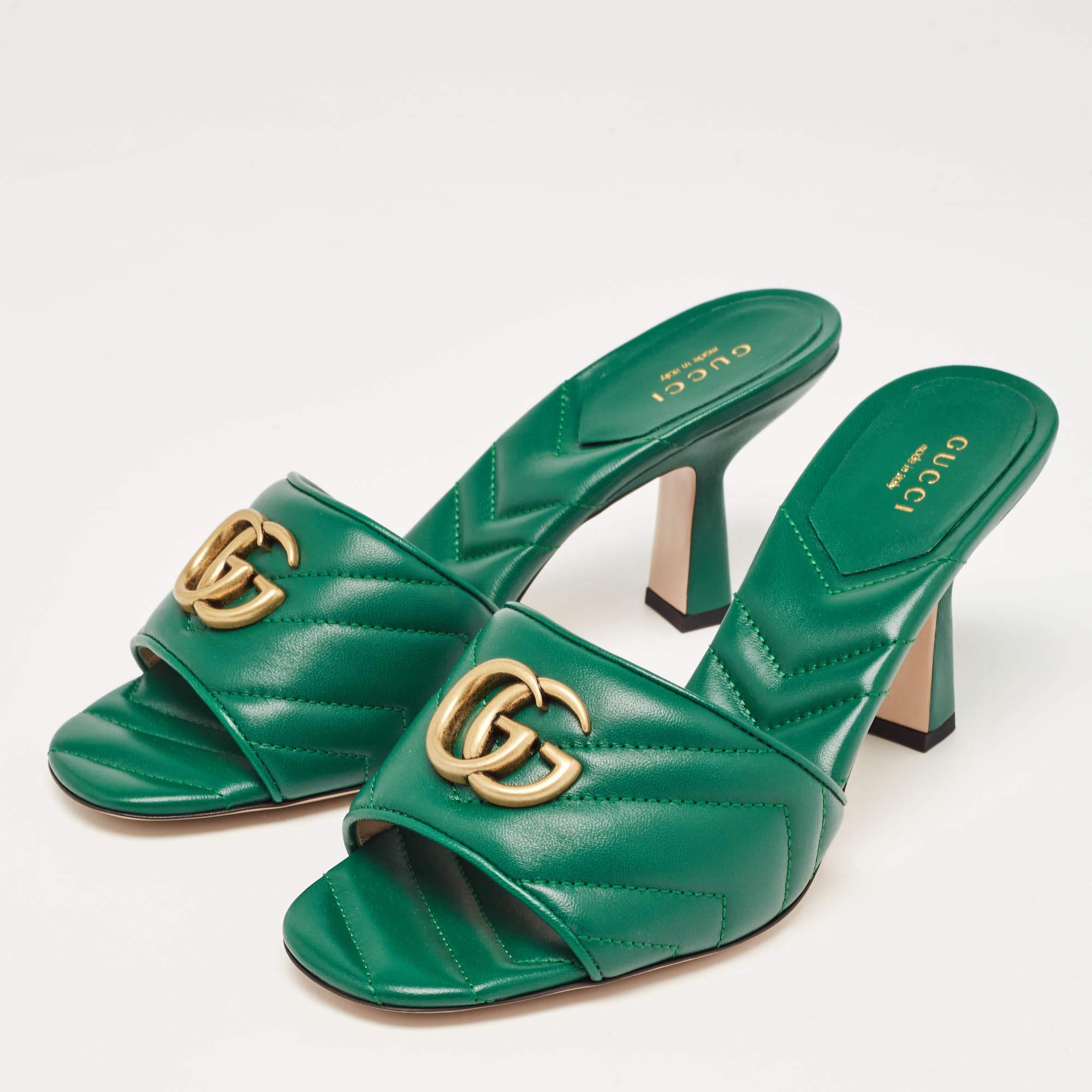 Gucci Green Matelassé Leather Double G Slide Sandals Size 39 4