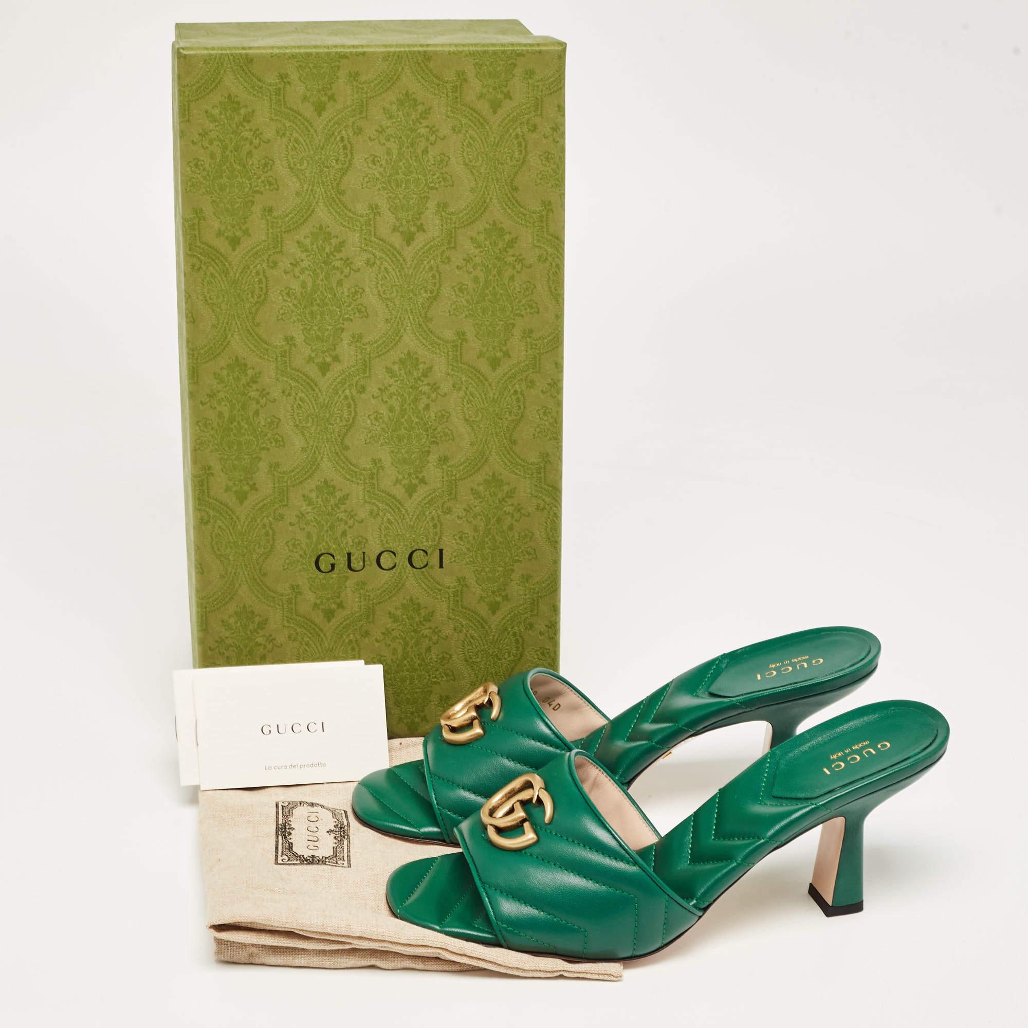 Gucci Green Matelassé Leather Double G Slide Sandals Size 39 5