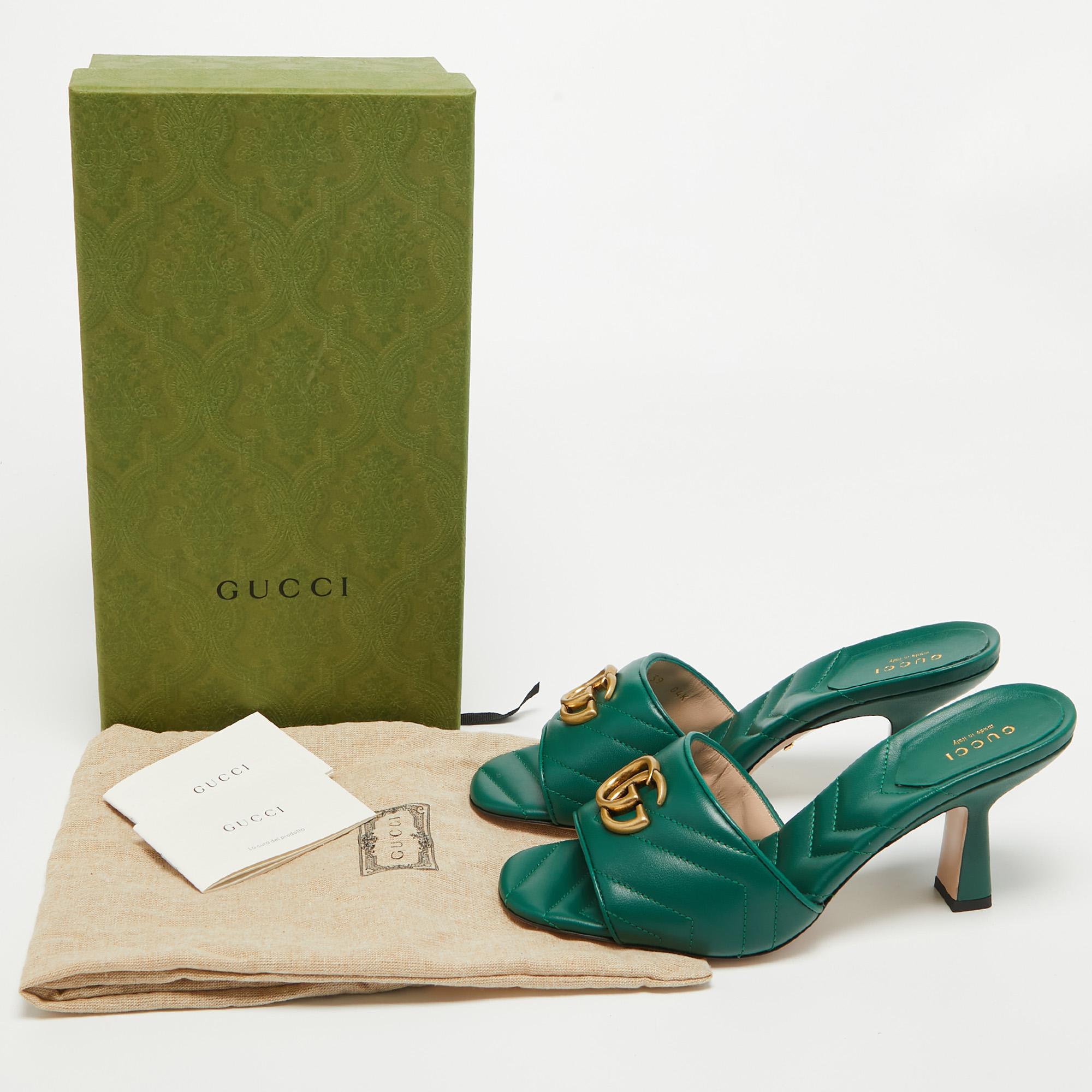 Gucci Green Matelassé Leather Double G Slide Sandals Size 39 5