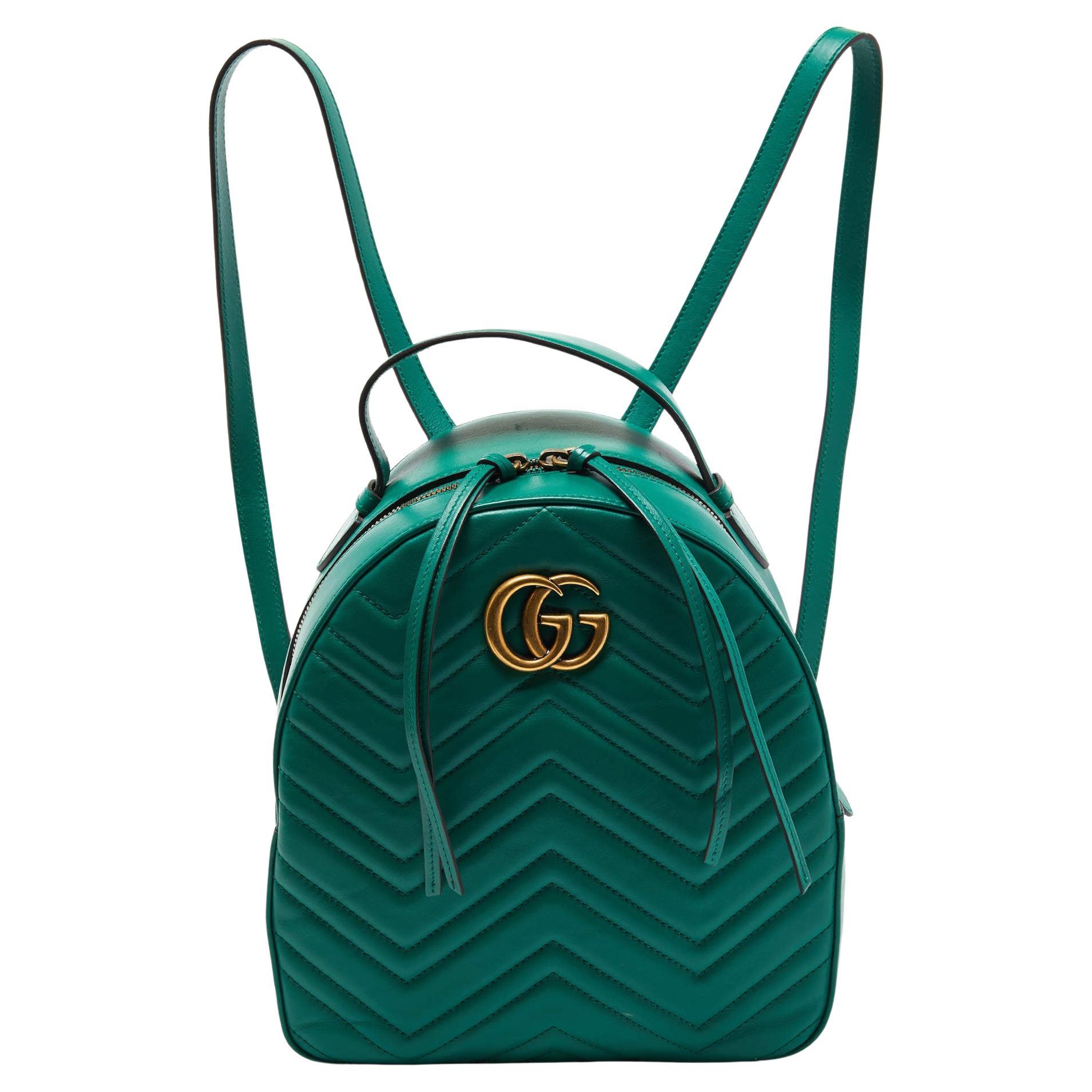 Gucci Green Matelassé Leather GG Marmont Backpack For Sale