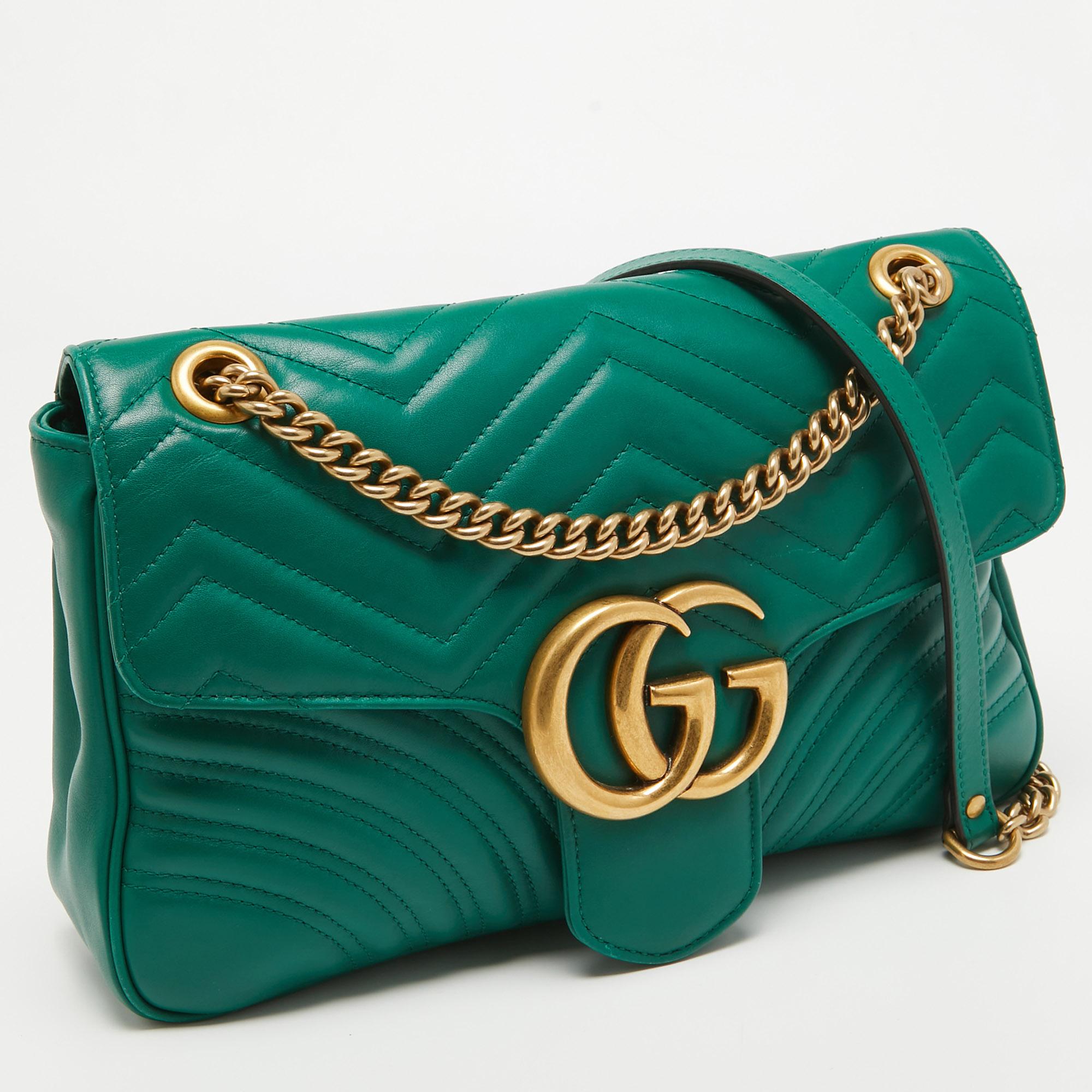 Gucci Green Matelassé Leather Medium GG Marmont Shoulder Bag 5