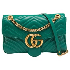 Used Gucci Green Matelassé Leather Medium GG Marmont Shoulder Bag