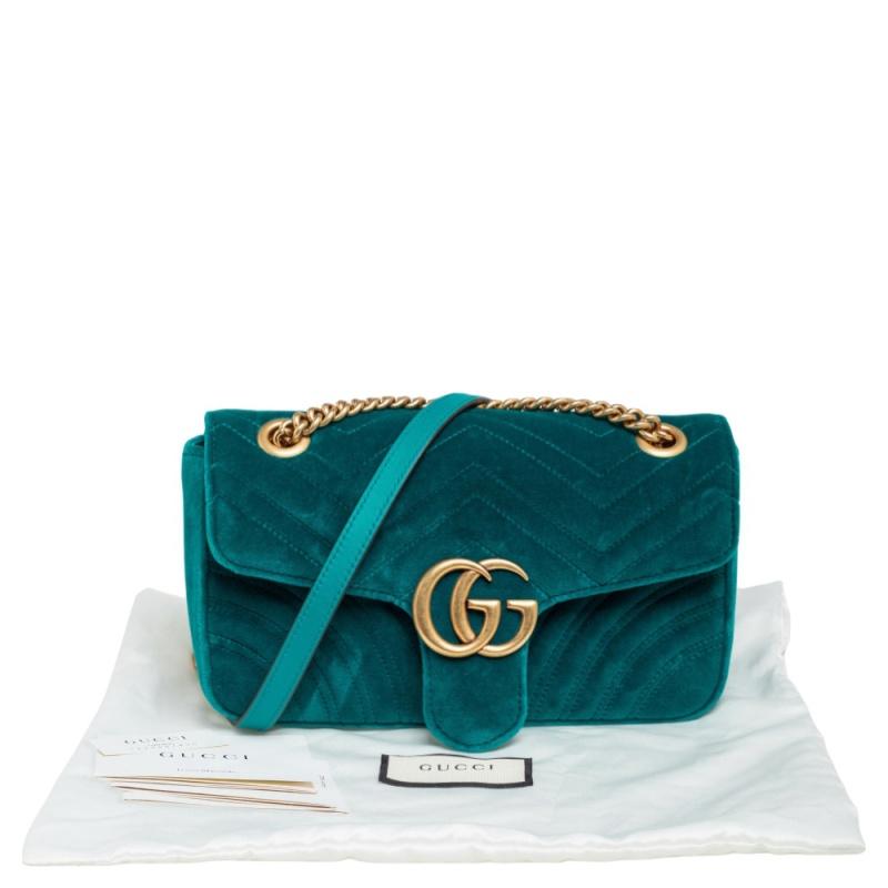 Gucci Green Matelassé Velvet Small GG Marmont Shoulder Bag 6