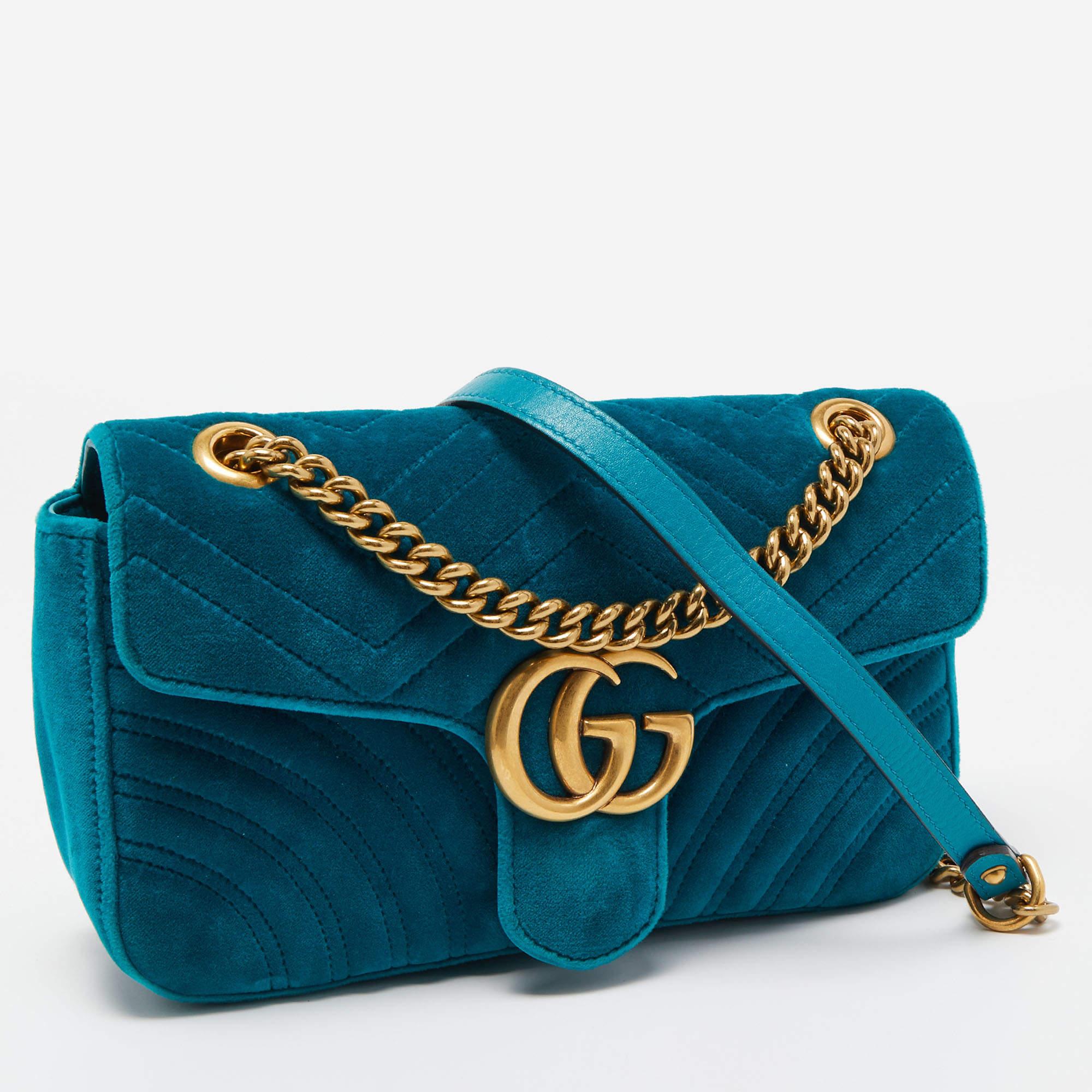 Women's Gucci Green Matelassé Velvet Small GG Marmont Shoulder Bag