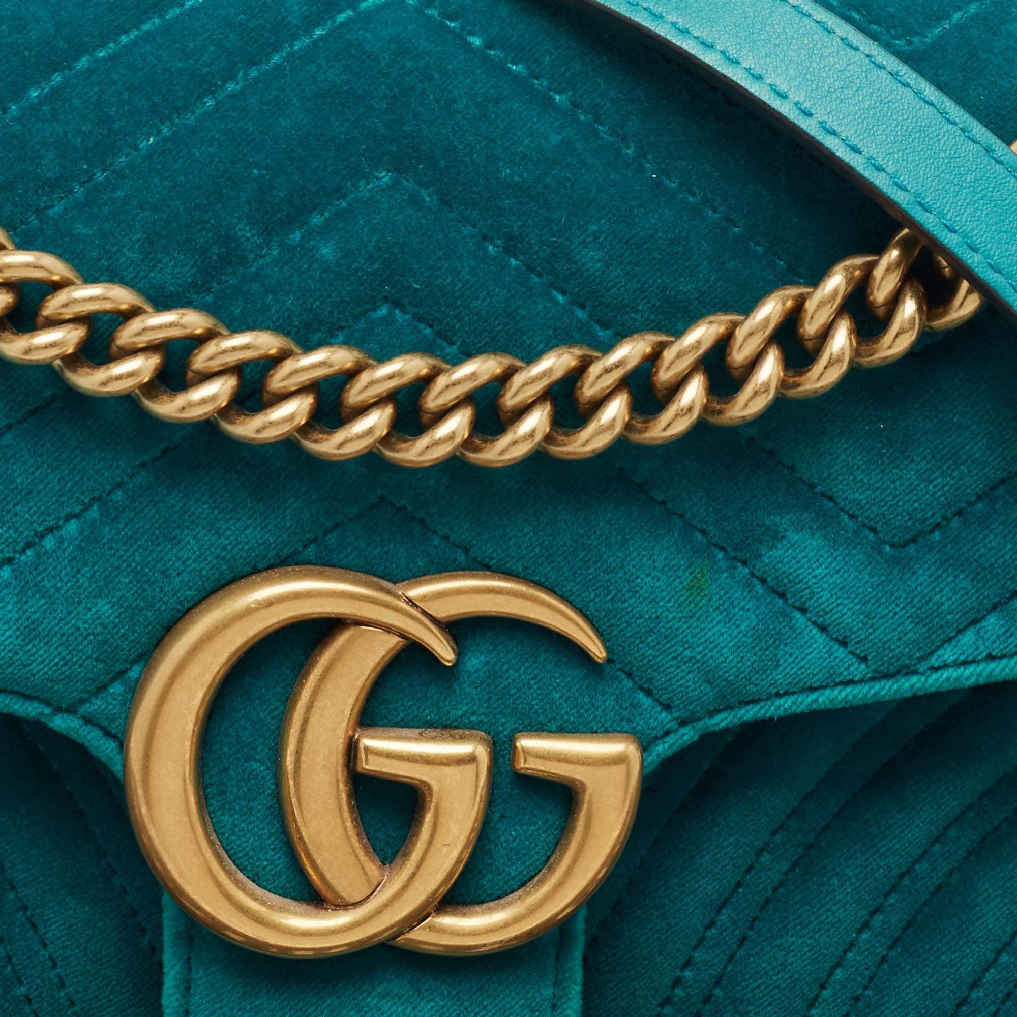 Gucci Green Matelassé Velvet Small GG Marmont Shoulder Bag 1