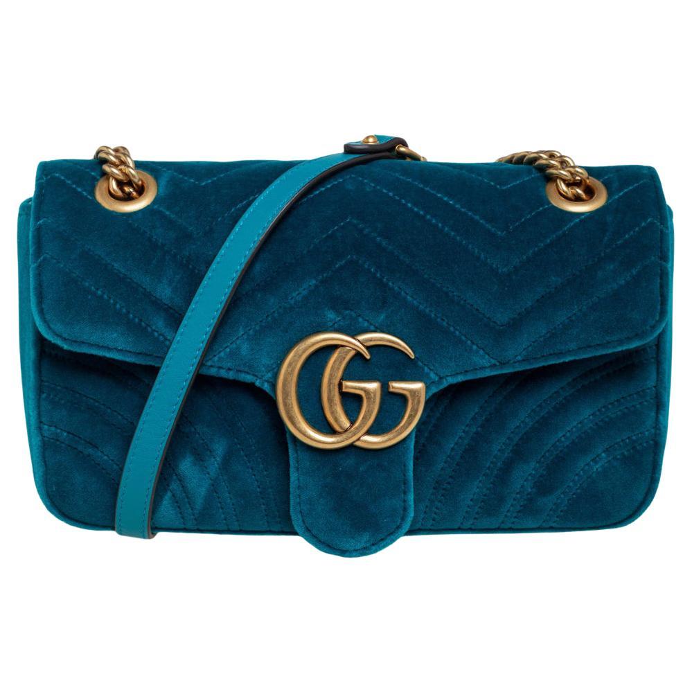Gucci Green Matelass�é Velvet Small GG Marmont Shoulder Bag