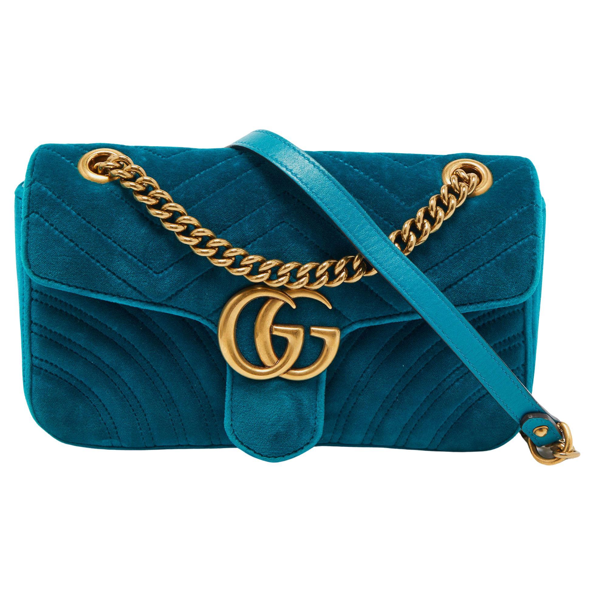 Gucci Green Matelassé Velvet Small GG Marmont Shoulder Bag