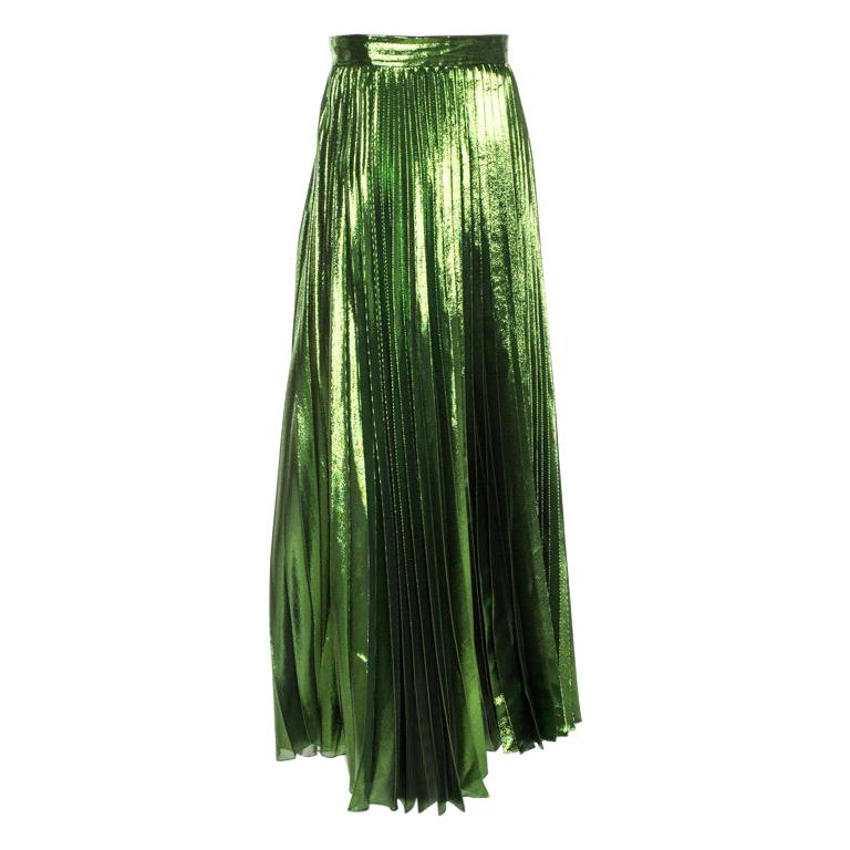 Gucci Green Metallic Plisse Silk Pleated Midi Skirt M at 1stDibs ...