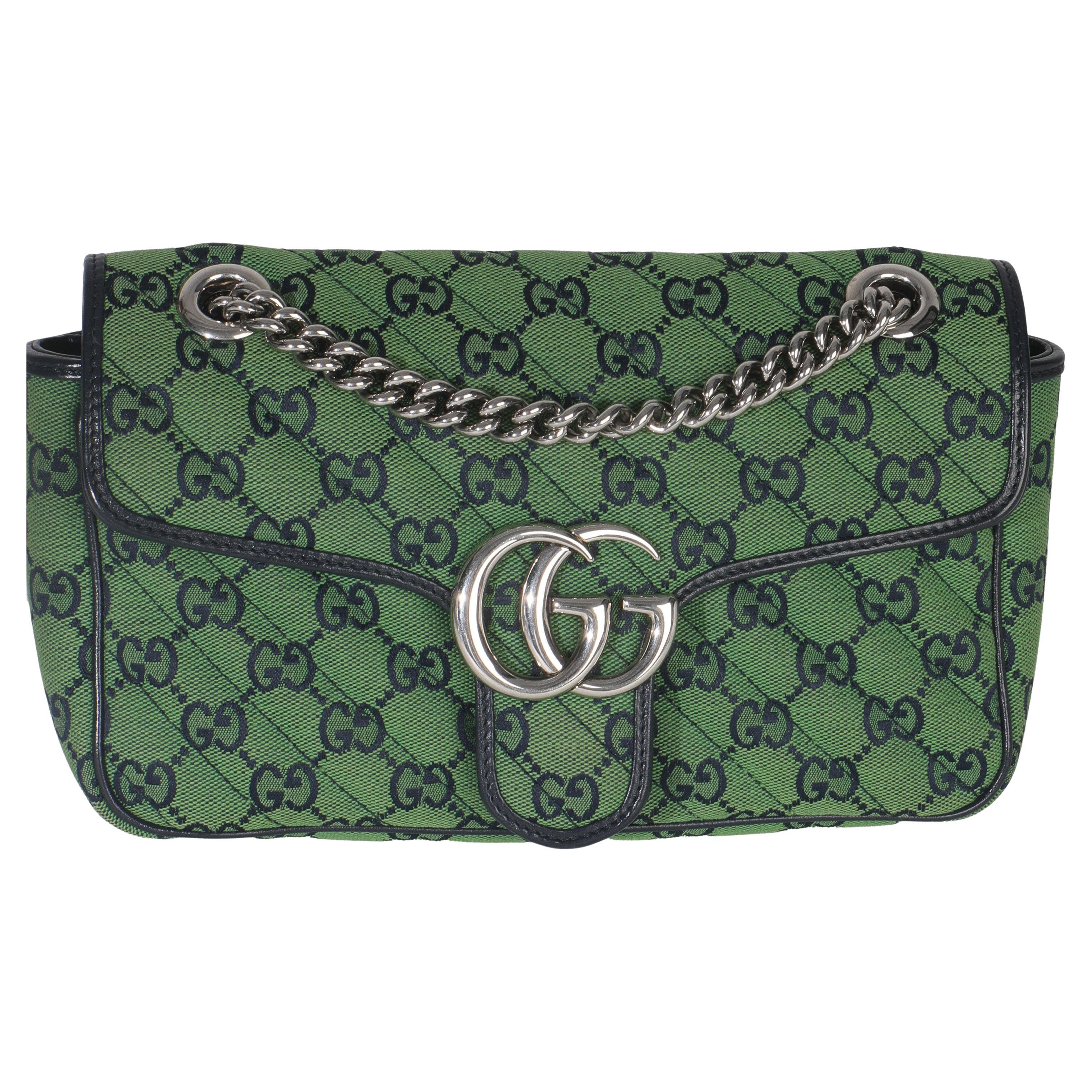 Gucci Green Navy GG Canvas Diagonal Small GG Marmont Bag For Sale