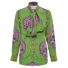 Gucci Green Paisley Printed Silk Tie-Neck Blouse M