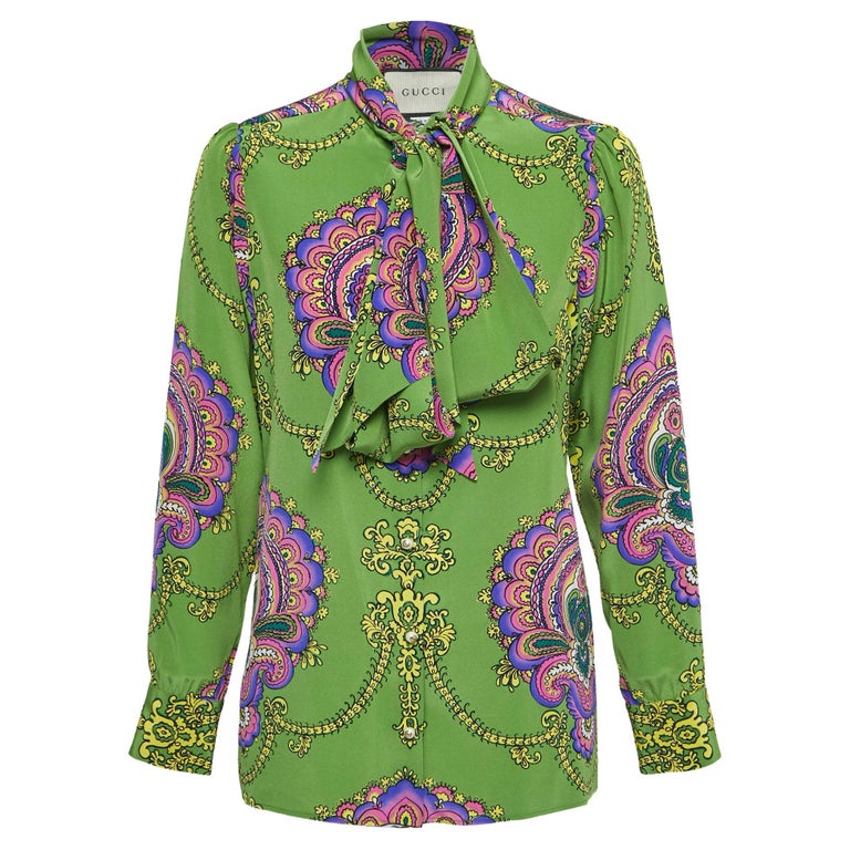 Gucci Green Paisley Printed Silk TieNeck Blouse M For Sale at 1stDibs