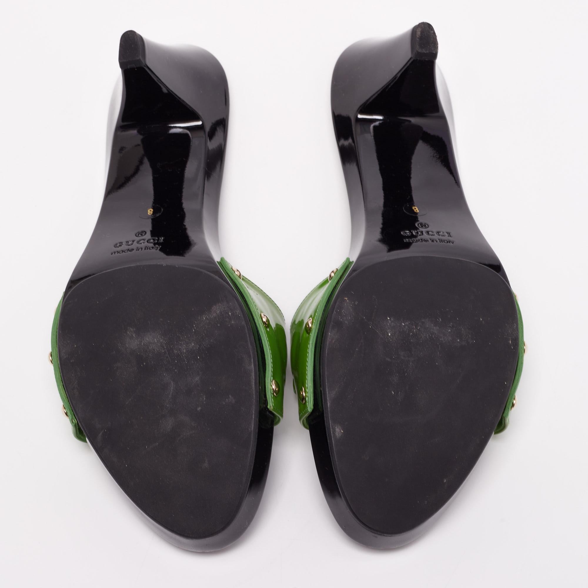 Women's Gucci Green Patent Leather Horsebit Slide Sandals Size 38