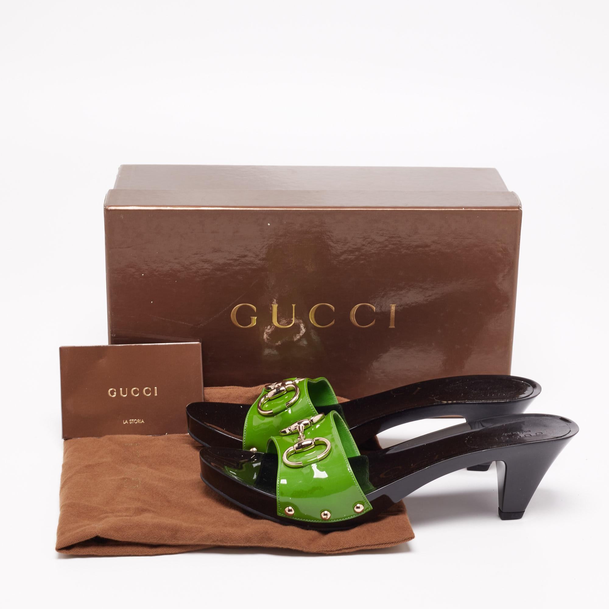 Gucci Green Patent Leather Horsebit Slide Sandals Size 38 1