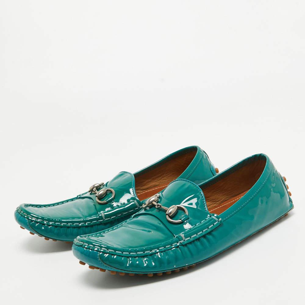 Gucci Green Patent Leather Jordaan Horsebit Slip On Loafers Size 39 In Good Condition For Sale In Dubai, Al Qouz 2