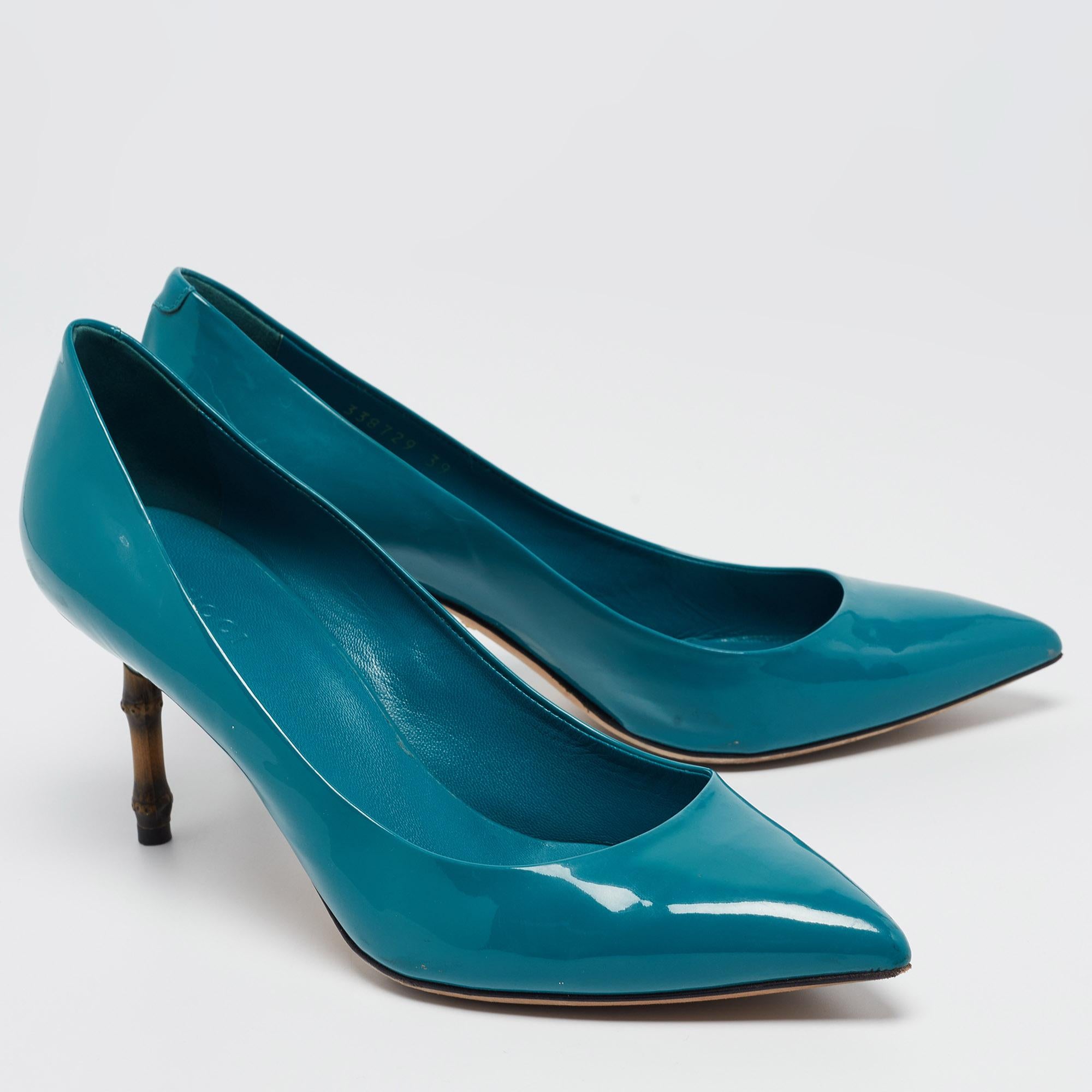 Women's Gucci Green Patent Leather Kristen Bamboo Pumps Size 39 For Sale