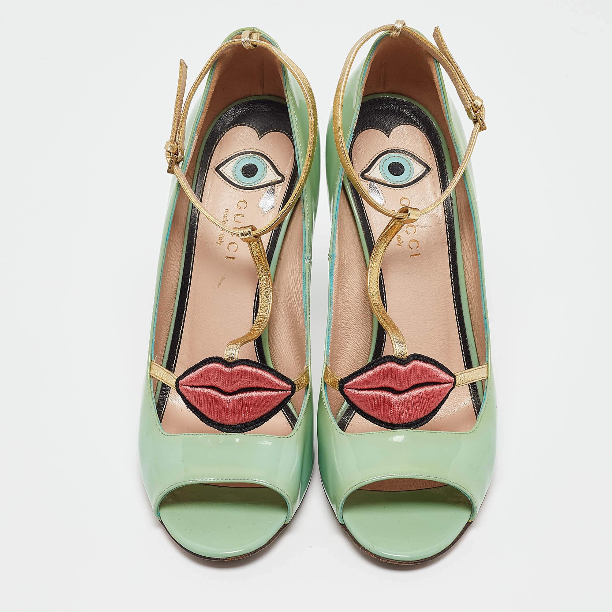 Gray Gucci Green Patent Leather Molina Peep Toe Pumps Size 39