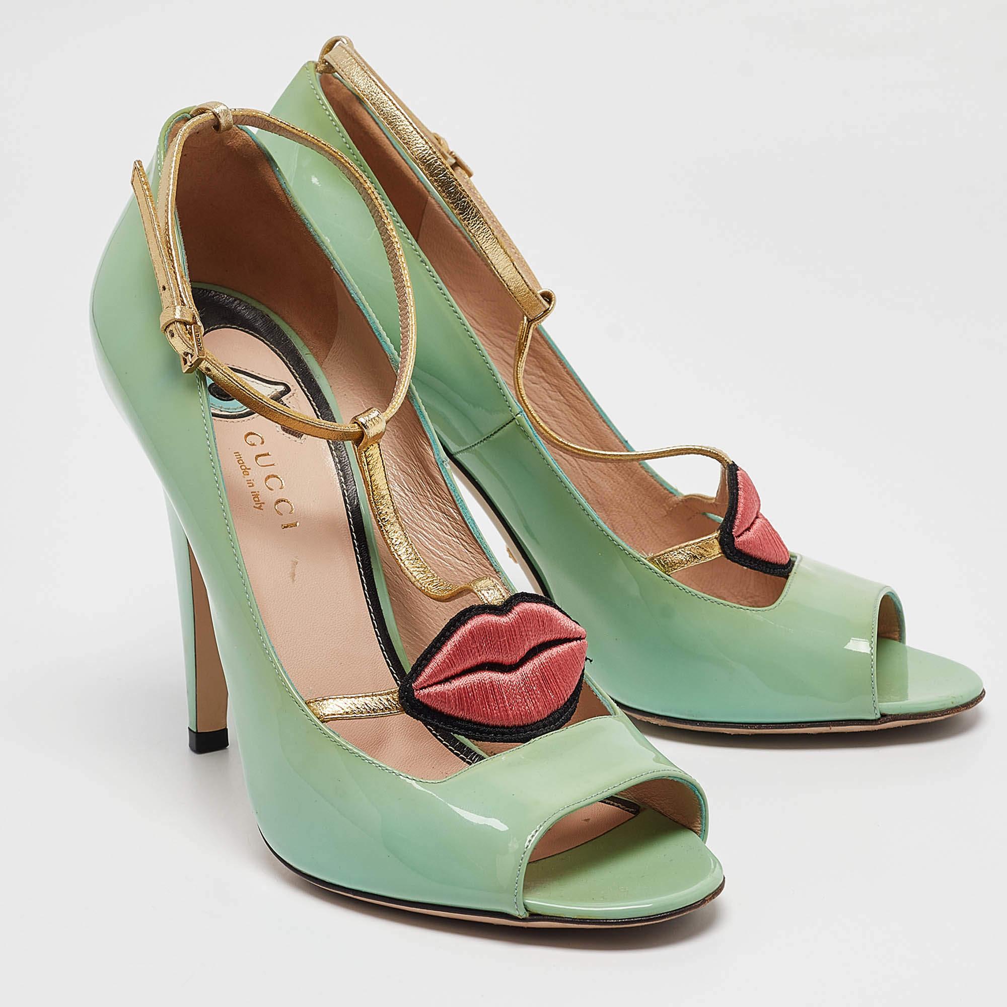 Gucci Green Patent Leather Molina Peep Toe Pumps Size 39 In Good Condition In Dubai, Al Qouz 2