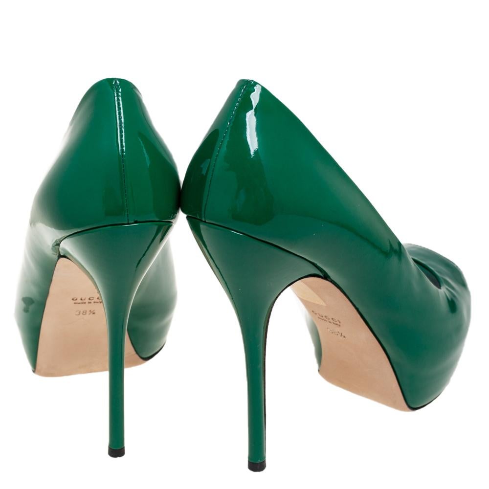 Women's Gucci Green Patent Leather Peep Toe Platform Pumps Size 38.5