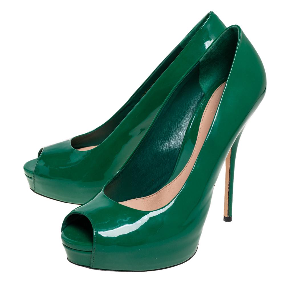 Gucci Green Patent Leather Peep Toe Platform Pumps Size 38.5 1
