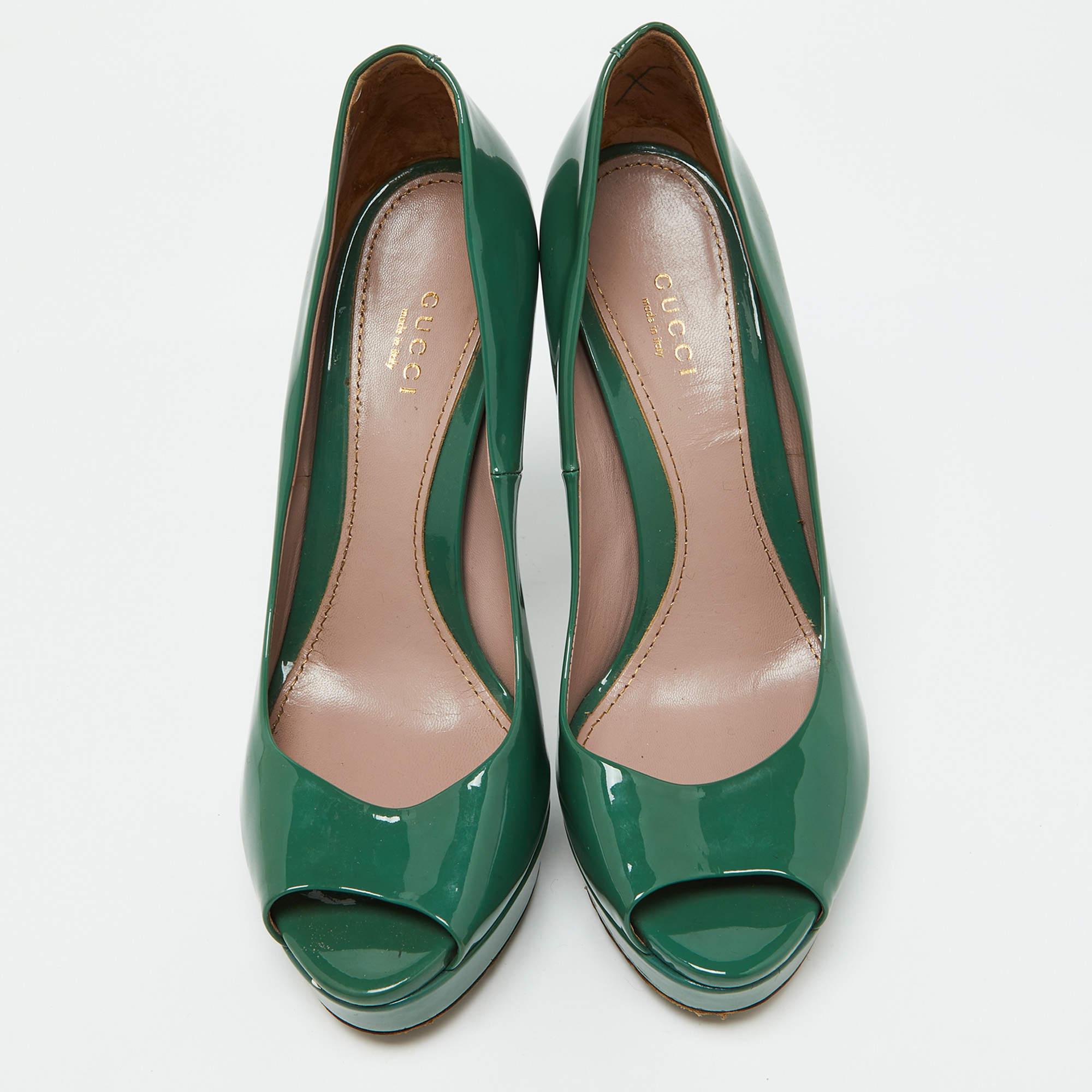 Gucci Green Patent Leather Peep Toe Platform Pumps Size 39 In Fair Condition For Sale In Dubai, Al Qouz 2