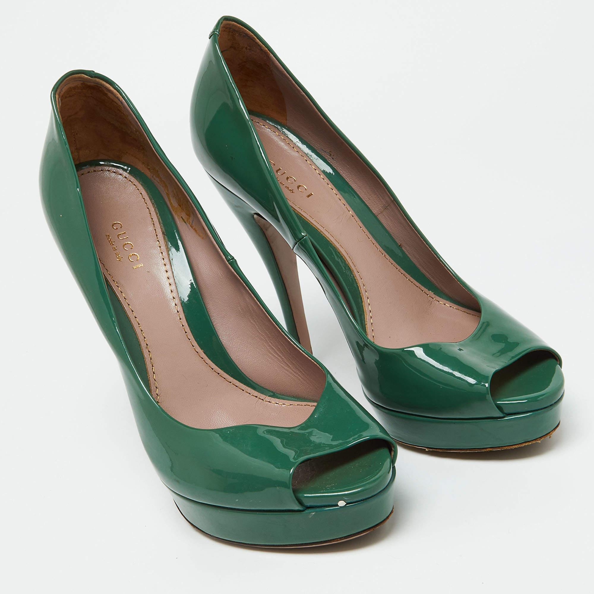 Women's Gucci Green Patent Leather Peep Toe Platform Pumps Size 39 For Sale