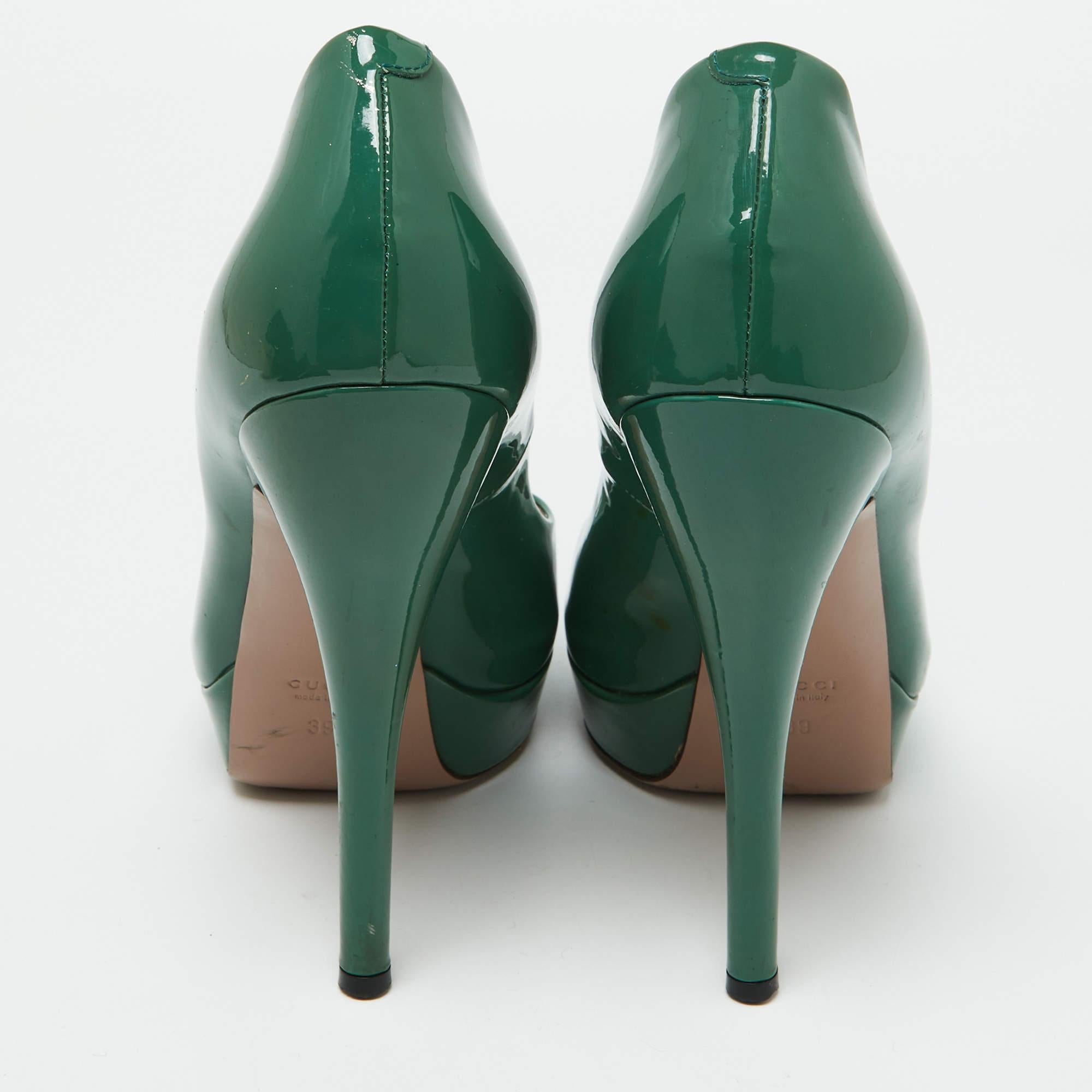 Gucci Green Patent Leather Peep Toe Platform Pumps Size 39 For Sale 1