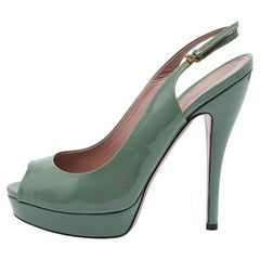 Gucci Green Patent Leather Peep Toe Platform Slingback Pumps Size 39
