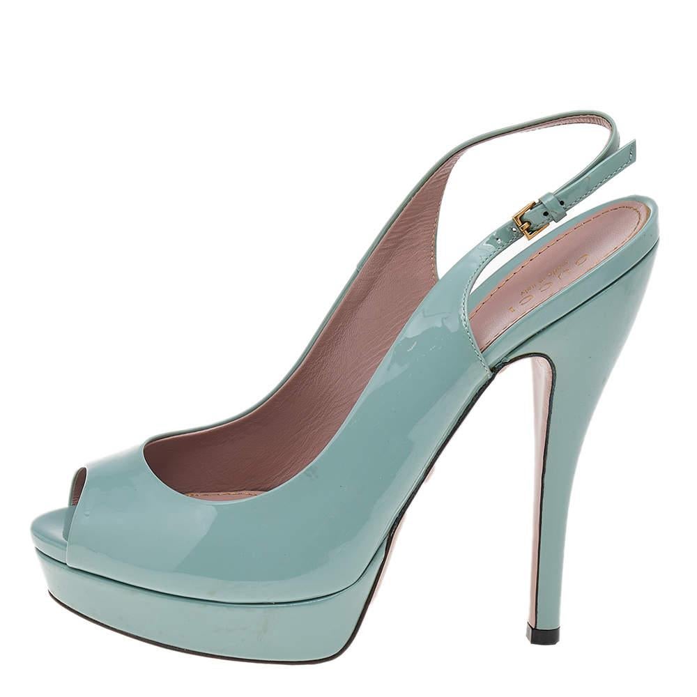 Gray Gucci Green Patent Leather Peep Toe Slingback Sandals Size 37.5 For Sale